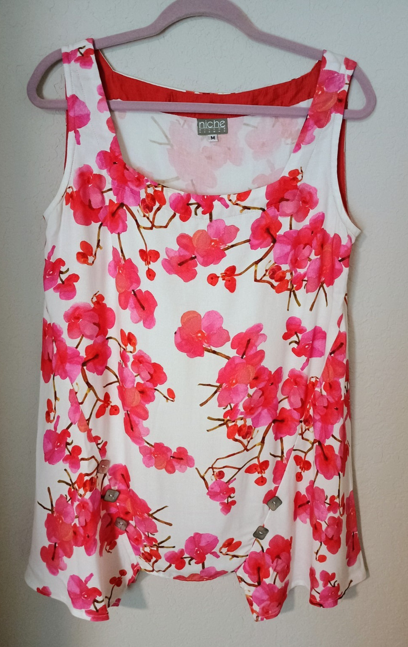 Niche Nilgun Derman Square Neck Sleevless Red Floral Viscose Lagenlook Top M